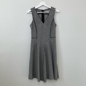 Banana Republic Womens Size Black Striped Midi Dress V-Neck Fit and Flare Size 6
